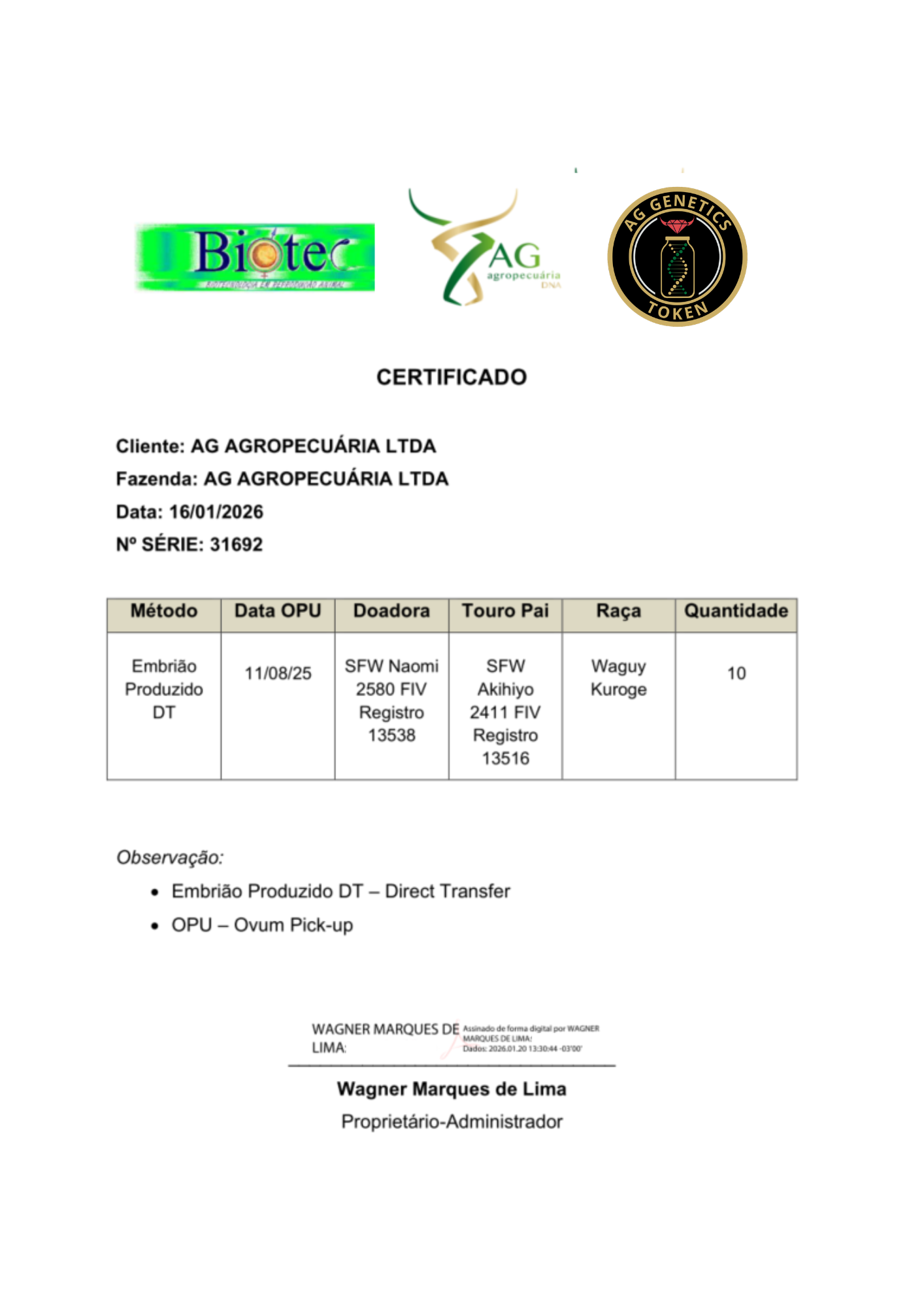 Certificate No. 31692 Issued by Biotec Serviços De Apoio À Pecuária Ltda